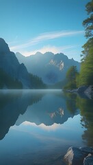 Serene dawn light over turquoise alpine lake