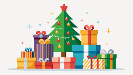 Festive christmas tree surrounded by colorful gift boxes