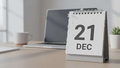 Desk calendar displaying 21 DEC with snow on the surface at an office  