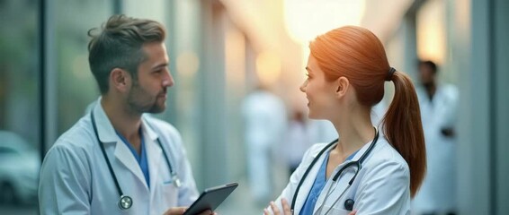 Friendly doctors engage in conversation in a hospital corridor, as the camera gently pans to reveal a bustling yet serene medical environment, bathed in warm, cinematic sunlight. - Powered by Adobe