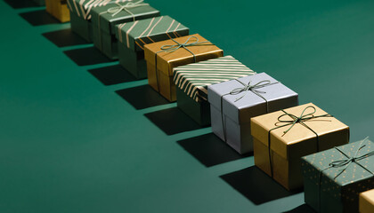 Elegant gift boxes in a row, perfect for holiday promotions, stylish celebrations, and festive marketing campaigns with luxury gift-giving concepts