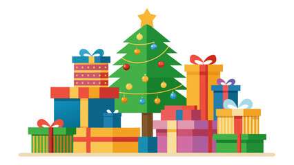 Fototapeta premium Festive christmas tree surrounded by colorful gift boxes