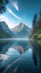 Royal blue sky over calm alpine lakeshore