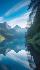 Tranquil mountain lake panorama at sunrise