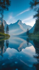 Dramatic alpine landscape with serene reflective lake
