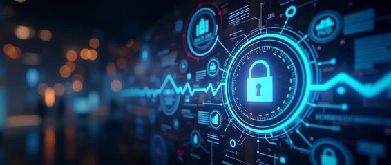 Futuristic digital interface with a rotating lock icon, lights flickering in soft focus, and a slow pan across the scene, creating a cinematic cybersecurity technology concept. - Powered by Adobe
