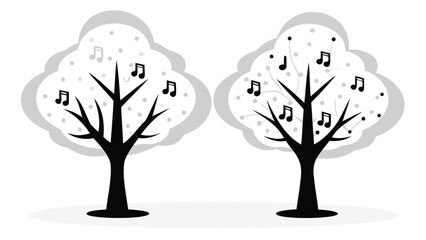 Collection of vibrant glowing trees in various stages of growth accompanied by icons and notes representing nature development and ideas