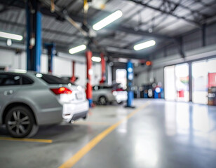 Auto shop garage blurred, lifts, cars inside