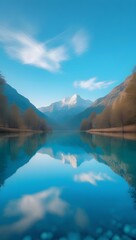Peaceful mountain lake horizon with calm water