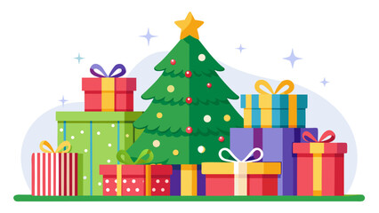 Festive christmas tree surrounded by colorful gift boxes