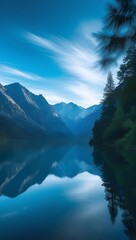 Misty snowcapped mountain peaks over tranquil lake
