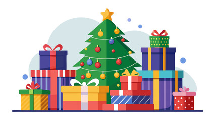 Festive christmas tree surrounded by colorful gift boxes