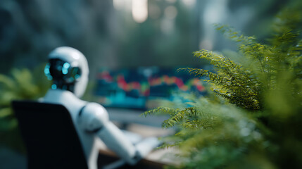 A humanoid robot sits in a chair, focused on a digital screen displaying colorful charts, surrounded by lush green plants in a modern, tech-enhanced workspace