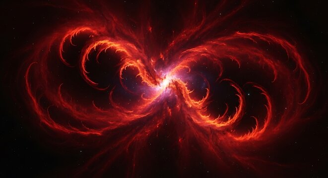 Abstract swirling red cosmic nebula with vibrant glowing energy and starlight in deep space