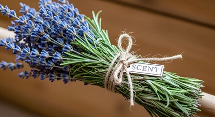 Freshly picked lavender and rosemary bouquet tied with twine for aromatherapy