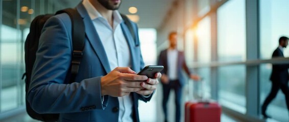 Business traveler texts on smartphone in modern airport terminal, with gentle ambient motion as sunlight filters through windows; steady tracking shot enhances cinematic feel.