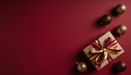 Elegant Christmas Gift with Gold Ornaments on Deep Red, Perfect for Holiday Greetings and Festive Marketing Campaigns, Evokes Warmth and Sophistication