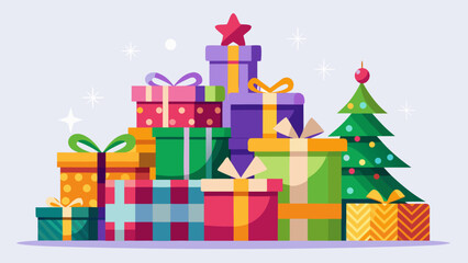 Fototapeta premium Pile of colorful christmas gifts and decorated tree
