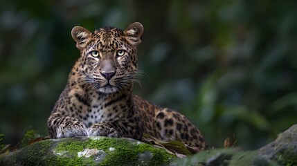 Obraz premium Majestic Asian Leopard Portrait Serene Wildlife Amidst Lush Green Jungle Habitat Tranquility Captured