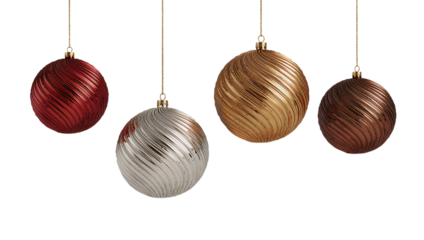 Textured christmas ornaments in red, silver, gold, bronze hanging festive