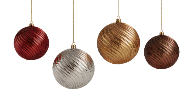 Textured christmas ornaments in red, silver, gold, bronze hanging festive