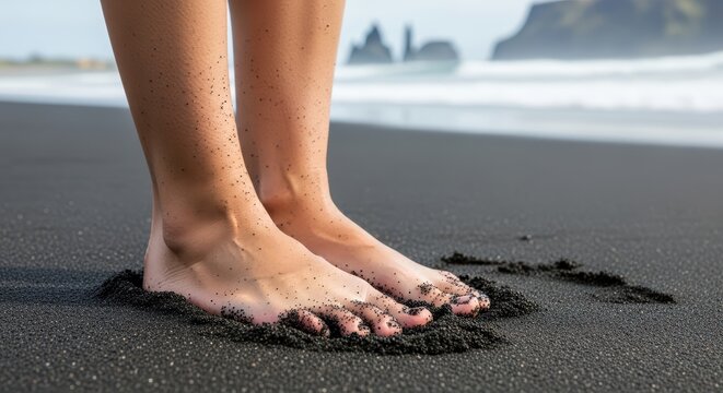 Female feet in black sand on icelandic beach with ocean and rock formations - Powered by Adobe