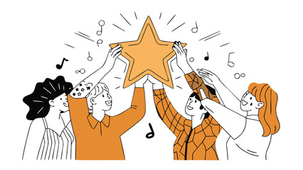 A diverse team of professionals collaborates to lift a glowing star shaped speaker symbolizing innovation success and the power of shared music and ideas