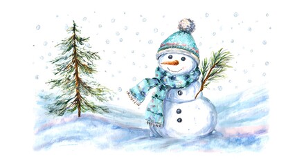 Whimsical watercolor snowman illustration evokes cheerful winter joy on a snowy hillside scene