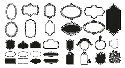 A collection of decorative frames and labels in various shapes and styles.