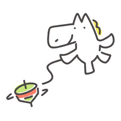 独楽で遊ぶかわいい白馬キャラクター　コマ回し