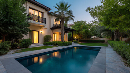 Modern two-story house with illuminated windows next to a rectangular swimming pool surrounded by lush greenery and palm trees at twilight