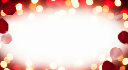 Fototapeta premium Romantic blurred bokeh lights in red and gold tones, subtle rose petals in the corners, vast clean white copy space area in the middle, elegant Valentine backdrop.
