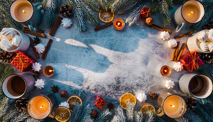 Enjoy the Cozy Winter Season with Hot Cocoa, Pine Branches, and Cinnamon Sticks Creating a Festive Atmosphere Perfect for Warm Holiday Memories