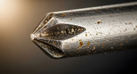 Extreme close-up of the dirty tip of a phillips head screwdriver with blurred background, Intricate details of well-used and slightly corroded phillips screwdriver tip