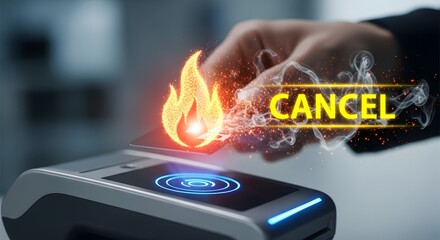 Burning cancellation hand hovering over device with cancel text and flames