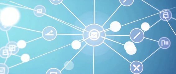 Cinematic network connections diagram with digital icons gently pulsing, as camera slowly pans across a glowing blue interface, symbolizing technology and communication advancement. - Powered by Adobe