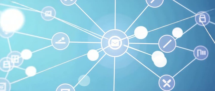 Cinematic network connections diagram with digital icons gently pulsing, as camera slowly pans across a glowing blue interface, symbolizing technology and communication advancement. - Powered by Adobe