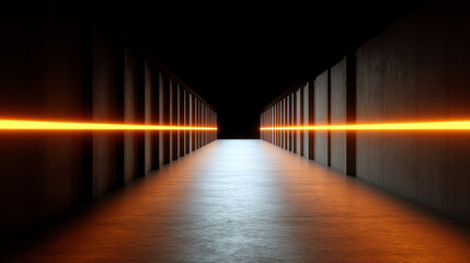 A futuristic corridor illuminated by parallel orange neon lights, with dark walls and a bright opening at the far end, creating a sense of depth and perspective