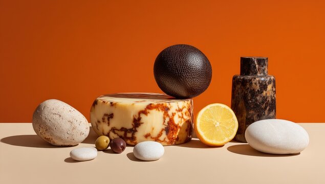 Abstract still life cheese, fruit, stone, & marble