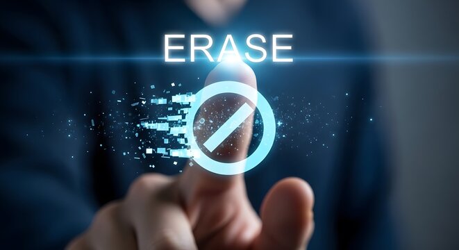 Digital erase concept finger touching virtual erase icon with futuristic visual effects