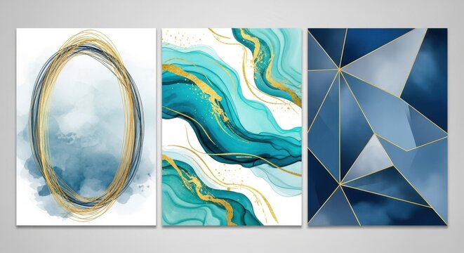 Elegant triptych wall art featuring abstract watercolor marble swirls and geometric patterns