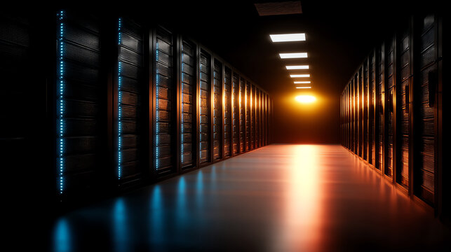A futuristic data center corridor with rows of illuminated server racks glowing in blue and orange light, creating a high-tech, sleek atmosphere