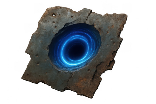 Stone portal with blue energy vortex effect on transparent background
