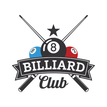 billiard club emblem vector illustration, crossed cues with three balls and star, ideal for sports badges, pool club logos, tournament branding, and recreational game design projects.