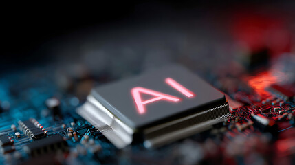Close-up of a computer chip with glowing red "AI" text on top, surrounded by circuitry on a dark, blurred motherboard with blue and red lighting