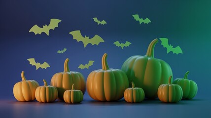 Halloween Pumpkins and Bats Against Blue Background with Moody Green and Purple Lighting Effects