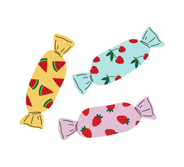 Sweets tasty candy in wrapper. Hand drawn trendy Vector illustration. Sugar snack, confectionery concept. Set