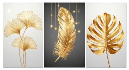 Fototapeta premium Elegant triptych artwork featuring golden ginkgo leaves feather and monstera leaf