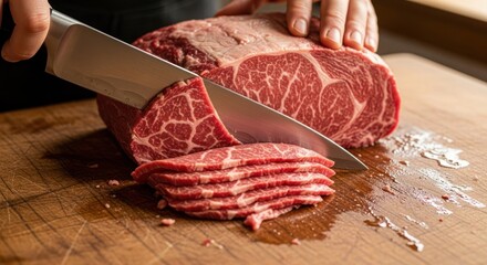 A person slicing a piece of meat on a wooden cutting board.
