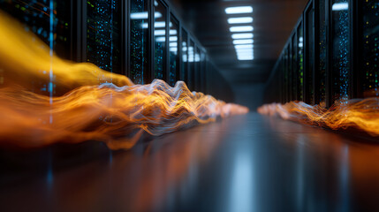 A futuristic data center corridor with glowing orange energy waves flowing between server racks, symbolizing fast digital data transfer and high-tech network connectivity